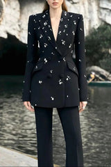 Black Straight Floor Length Pants rhinestone blazer set