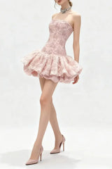 Embroidered Lace Ruffle Mini Dress in Pink