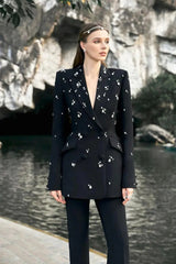 Black Straight Floor Length Pants rhinestone blazer set