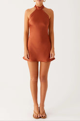 Halter Backless Satin Mini Dress in Rust