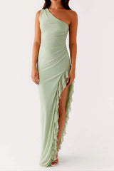 One-Shoulder Ruffle Trim Maxi Dress in Green