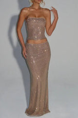 Sequin Top Maxi Skirt Suit in Gold