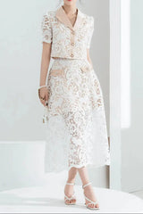 Cropped Peak Lace Top Skirt Set in White