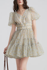 Printed V-neck mini dress in Yellow