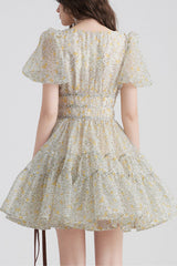 Printed V-neck mini dress in Yellow