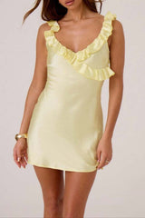 Satin Ruffle Mini Dress in Yellow