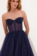Navy Puffy Midi Dress