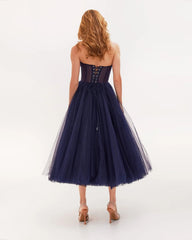 Navy Puffy Midi Dress