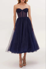 Navy Puffy Midi Dress
