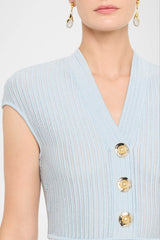 Short-Sleeve Flechage Knit Flare Mini Dress in Blue