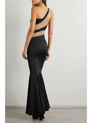 One-Shoulder Mesh-Paneled Stretch-Jersey Gown