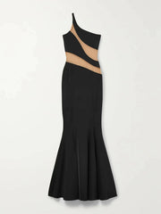 One-Shoulder Mesh-Paneled Stretch-Jersey Gown