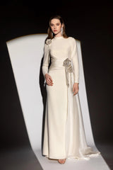 Crystal Flower Long-Sleeve Lace Maxi Dress in Apricot