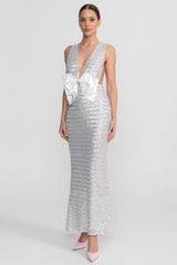 Sequin Maxi Dress With Satin Detail - Light Grey
