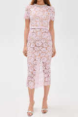 Pink hollow Lace Midi Dress