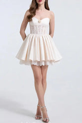White Flower Lace Satin Mini Dress