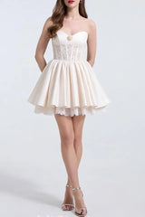 White Flower Lace Satin Mini Dress
