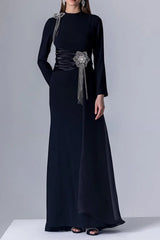 Crystal Flower Long-Sleeve Lace Maxi Dress in Blue