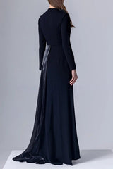 Crystal Flower Long-Sleeve Lace Maxi Dress in Blue