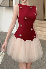 3D Flower Patchwork Mini Dress in Red
