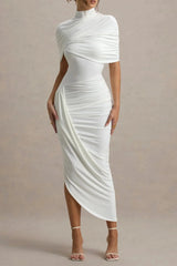 Cape Ruched Midi Dress - White