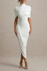 Cape Ruched Midi Dress - White