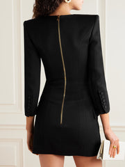 Button-Embellished Cotton-Twill Mini Dress in Black