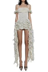 Halter Three-Dimensional Flower Mini Dress in Beige