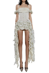 Halter Three-Dimensional Flower Mini Dress in Beige