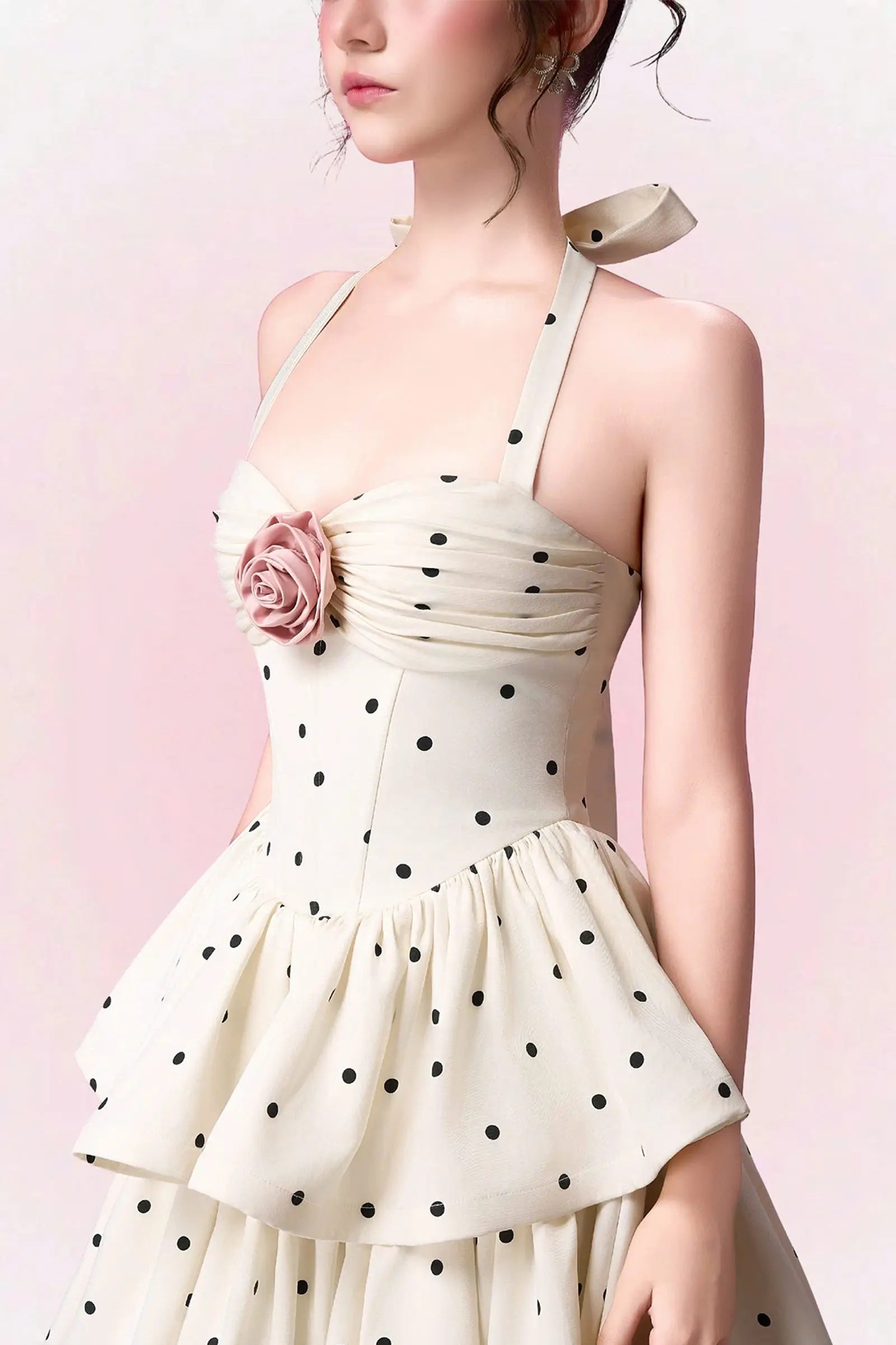 Polka Dots Halter Midi Dress - Apricot