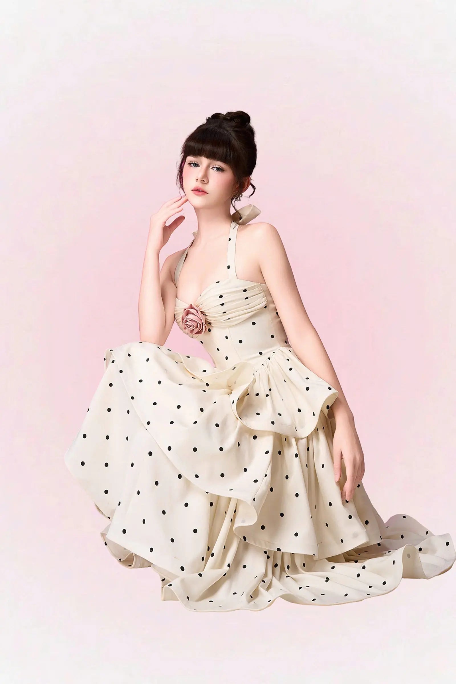 Polka Dots Halter Midi Dress - Apricot