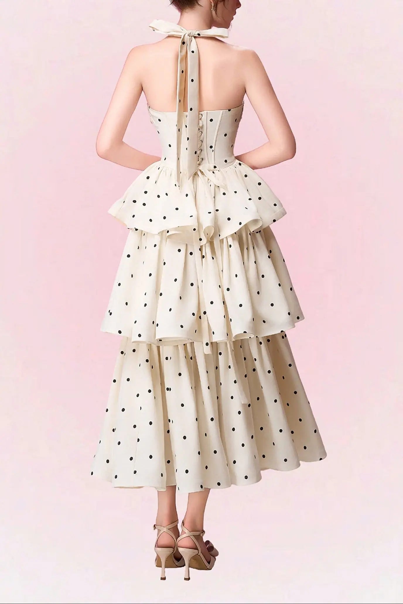 Polka Dots Halter Midi Dress - Apricot