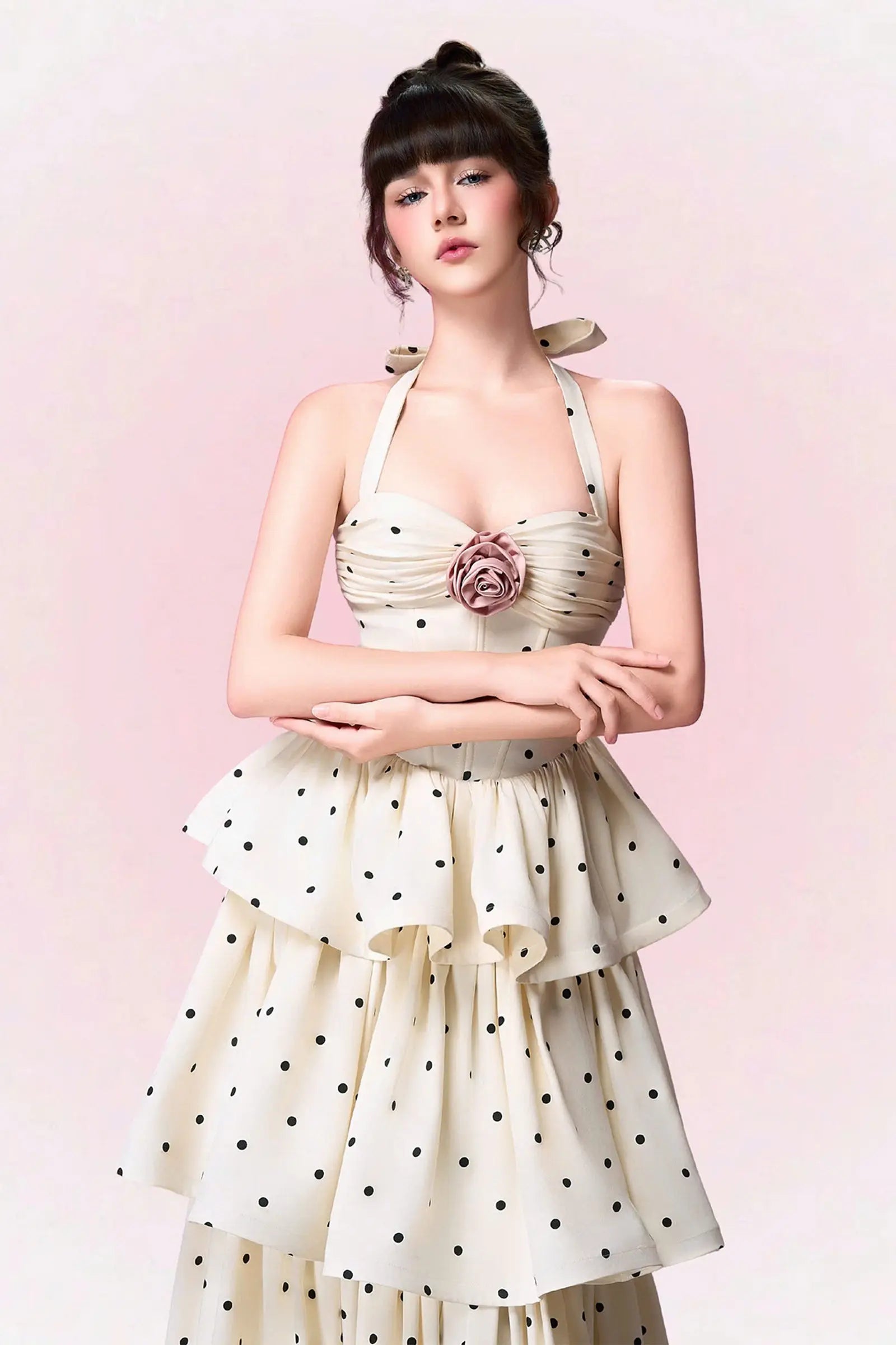 Polka Dots Halter Midi Dress - Apricot