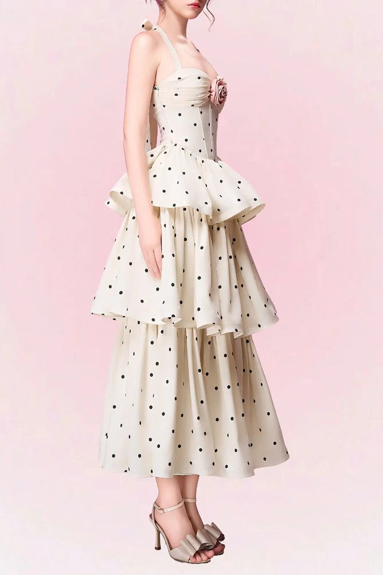 Polka Dots Halter Midi Dress - Apricot