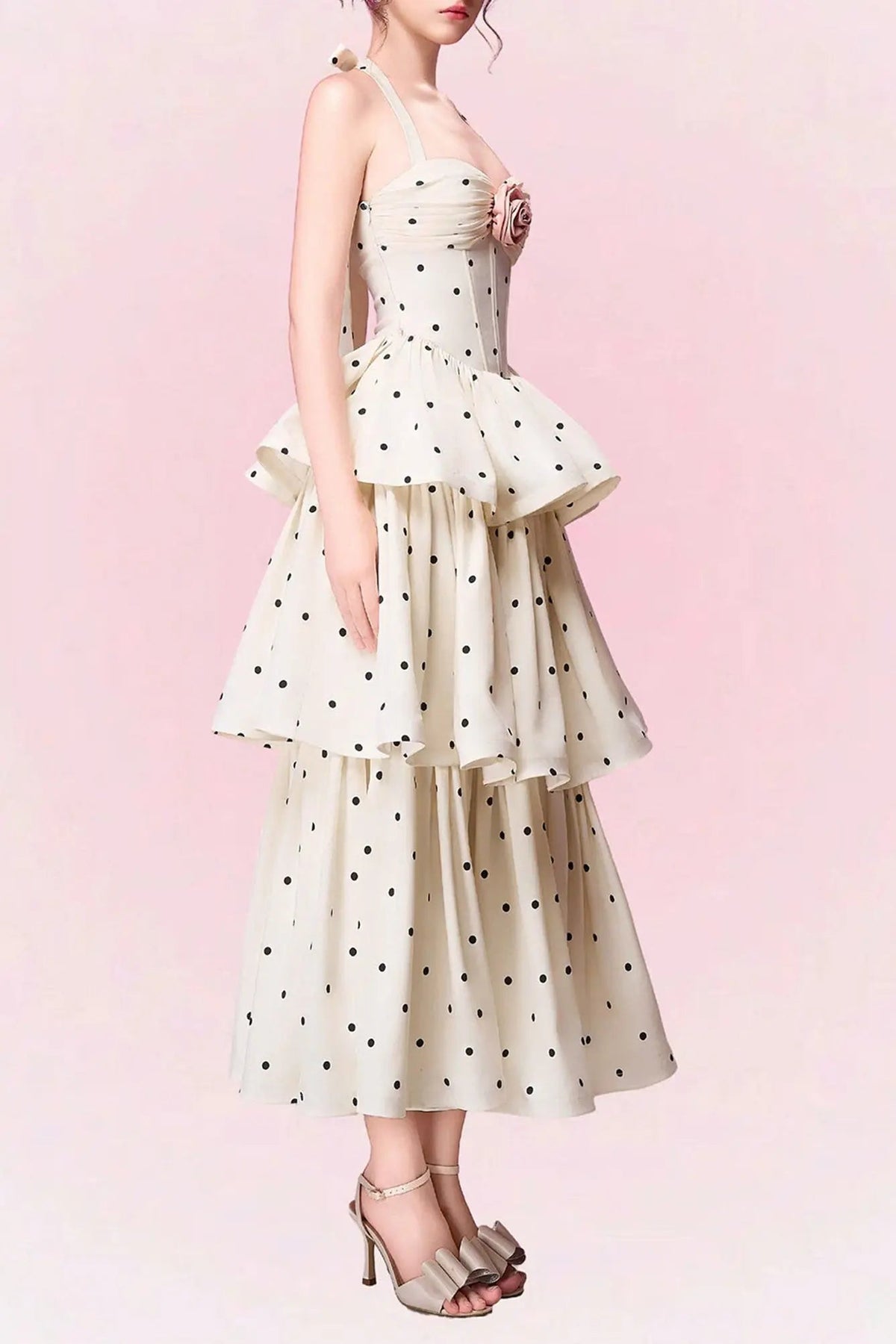 Polka Dots Halter Midi Dress - Apricot