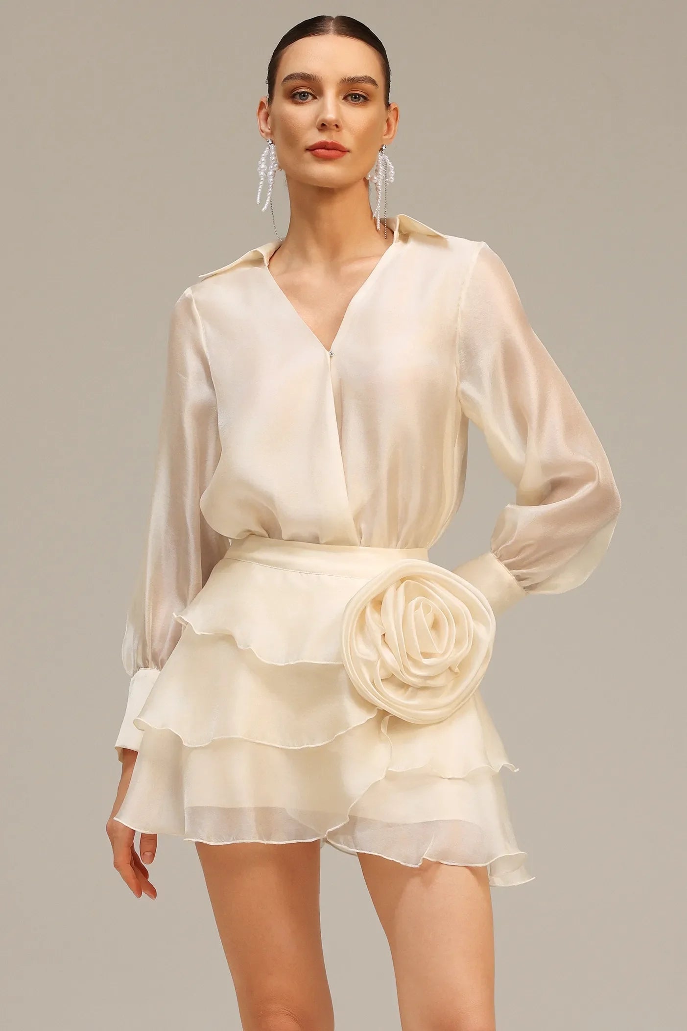 Wrap V-Neck Organza Shirt Mini Dress in Apricot