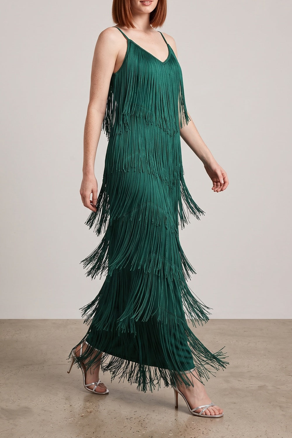 Strap V-Neck Layered Fringe Maxi Dress