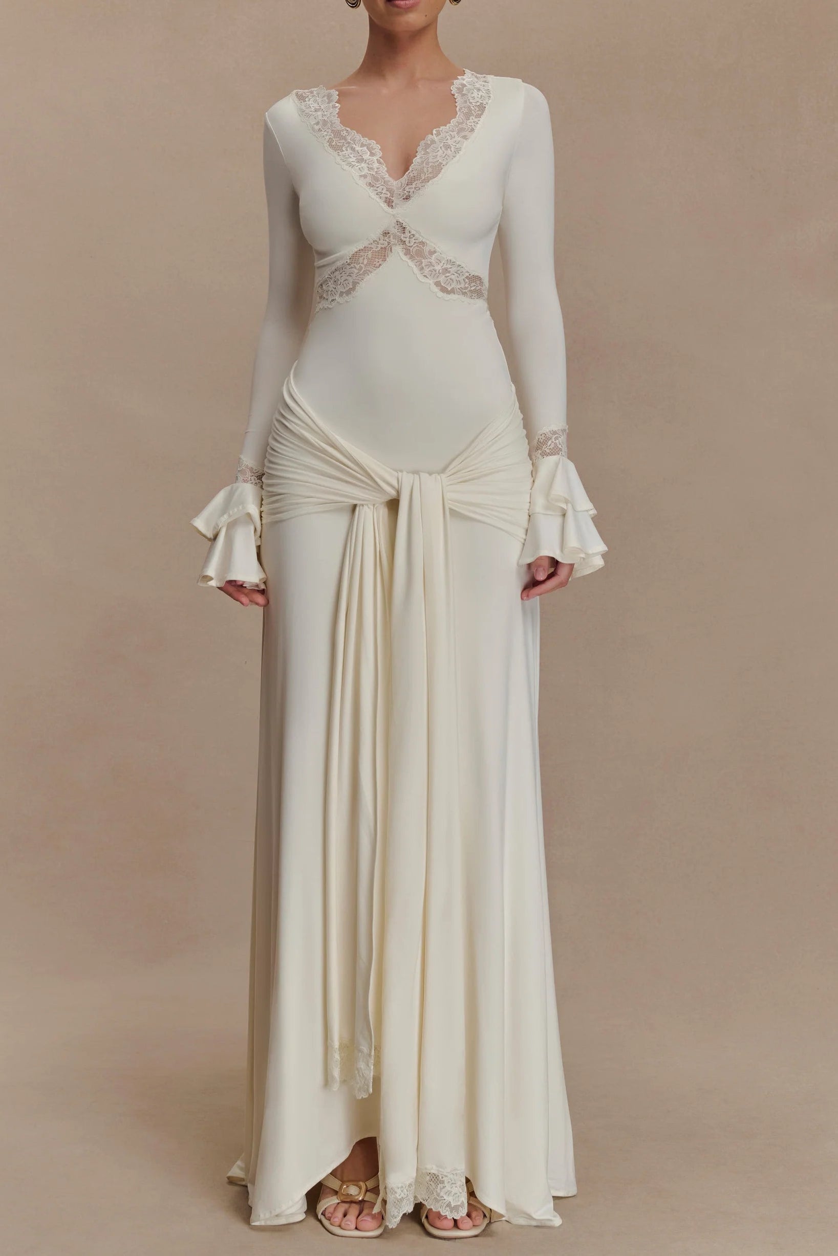 V-Neck Lace See-Through Maxi Dress in White