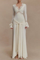 V-Neck Lace See-Through Maxi Dress in White