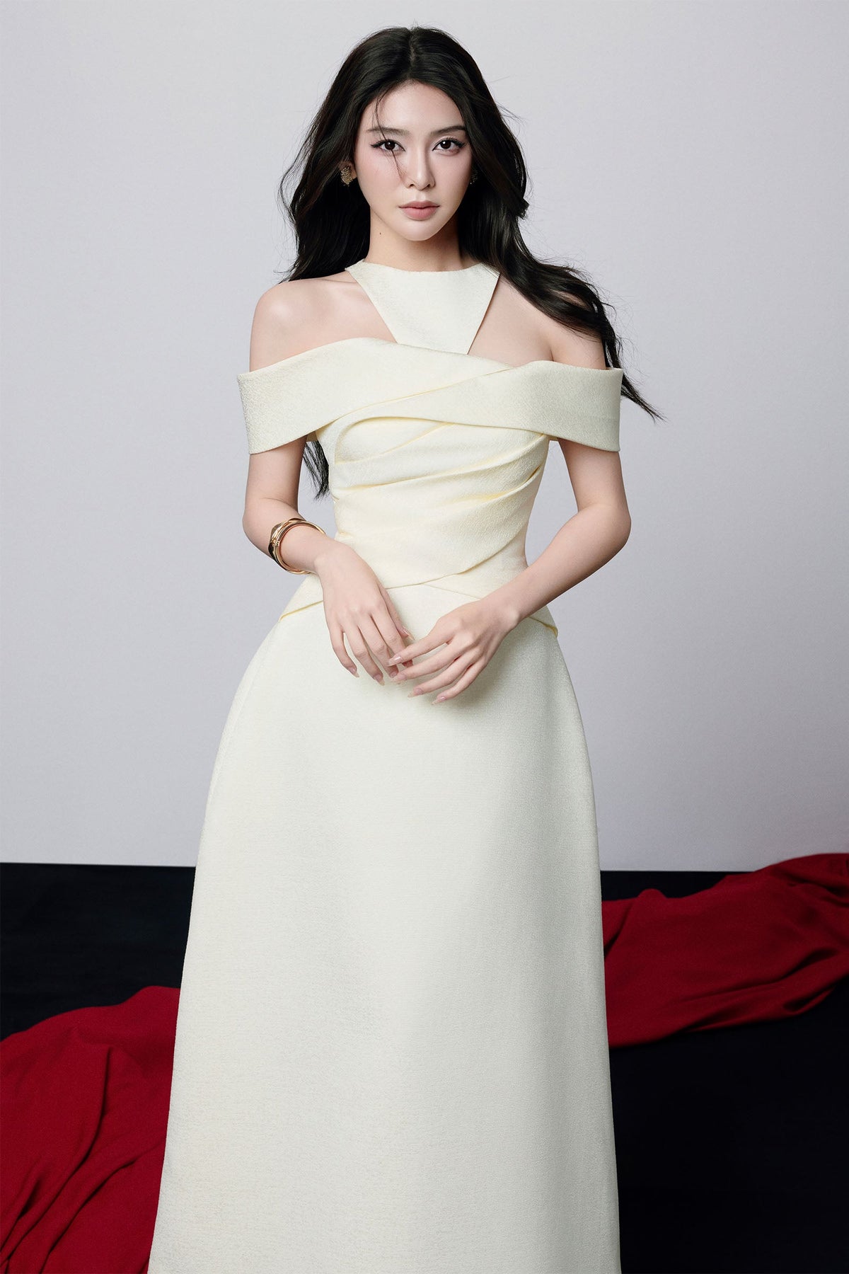 Off-Shoulder Halter Midi Dress in Apricot