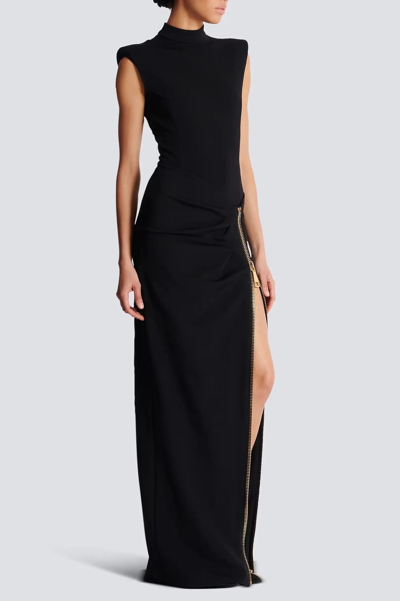 Black Sleeveless Zipper High Elastic Jersey Maxi Dress