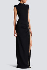 Black Sleeveless Zipper High Elastic Jersey Maxi Dress