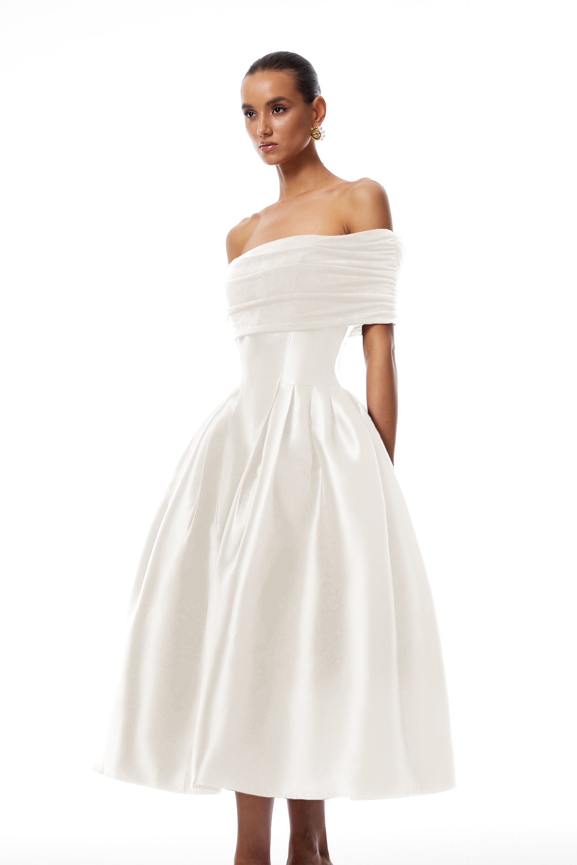 Off-the-Shoulder Satin White Midi Dress