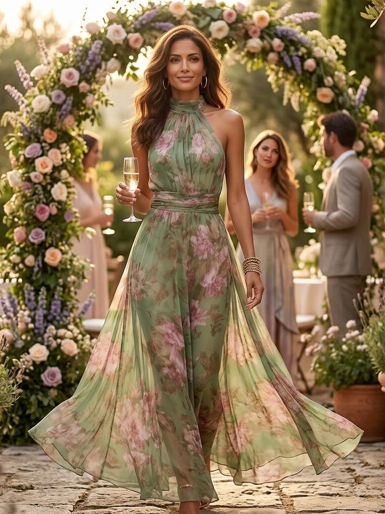 Green Floral Halter Maxi Dress