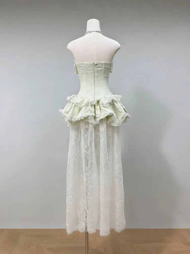 Fitted Lace-Paneled Maxi Dress in Green