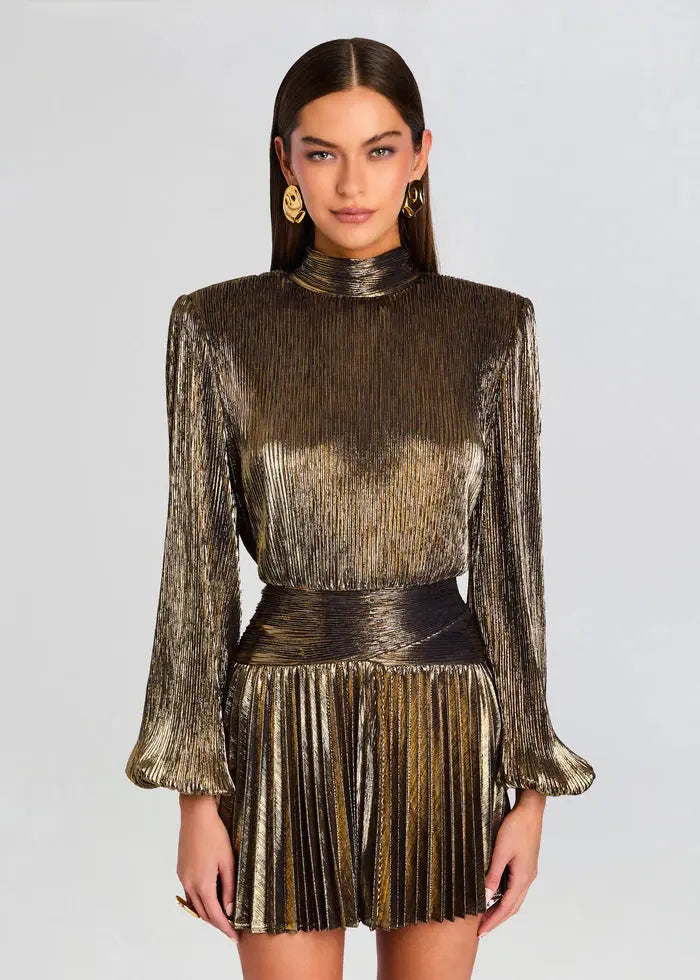 High-Necked Lantern Sleeve Mini Dress in Gold