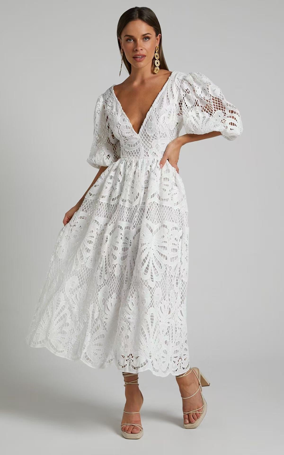 V Neck Cut Out Lace Midi Dress