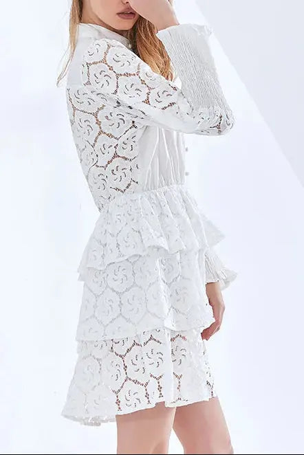 Long Sleeves Layered Lace Mini Dress in white