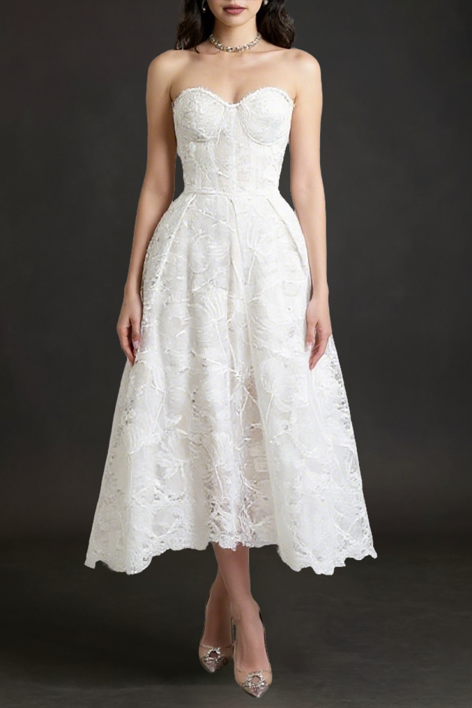 White Sexy Embroidered Lace Midi Dress
