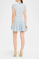 Short-Sleeve Flechage Knit Flare Mini Dress in Blue